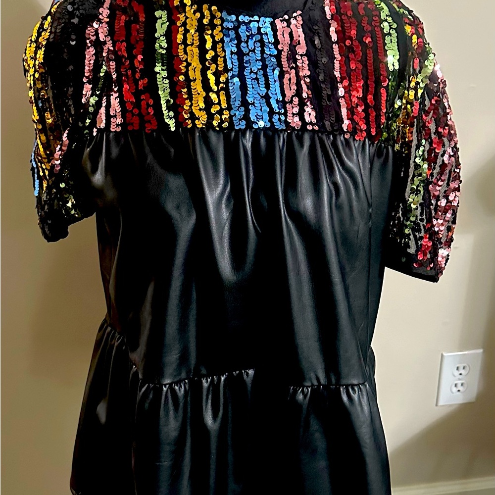 THML- multi color sequin and black faux leather top.